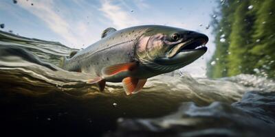 ai generado salmón nada en contra el Actual saltando fuera de el agua generativo ai foto