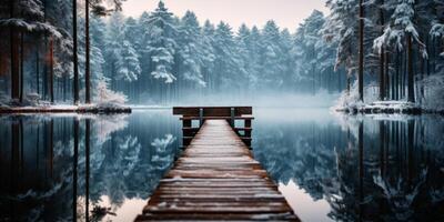 ai generado muelle en un invierno lago generativo ai foto