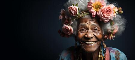 AI generated elderly happy woman with flowers in her hair Generative AI photo