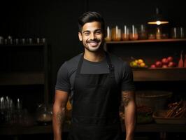 ai generado masculino cocinero con negro delantal Bosquejo generativo ai foto