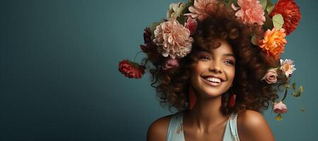 ai generado contento mujer con flores en su pelo generativo ai foto