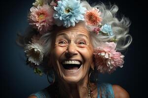 AI generated elderly happy woman with flowers in her hair Generative AI photo