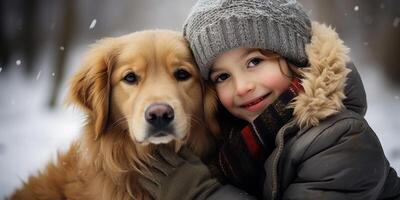 ai generado niño con un perro en invierno de cerca retrato generativo ai foto