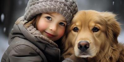 AI generated child with a dog in winter close-up portrait Generative AI photo