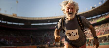 ai generado mayor hombre corriendo en el estadio generativo ai foto