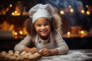 AI generated child cooking Christmas cookies Generative AI photo