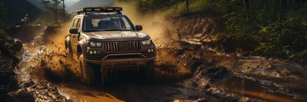 AI generated SUVs drives through mud off-road Generative AI photo