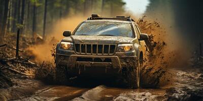 AI generated SUVs drives through mud off-road Generative AI photo