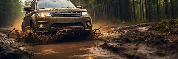 AI generated SUVs drives through mud off-road Generative AI photo