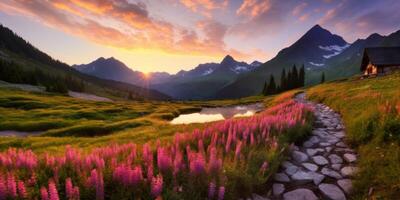 AI generated flower meadow with a stone path against the backdrop of mountains Generative AI photo