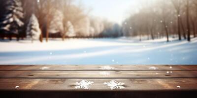 AI generated empty wooden table on winter background Generative AI photo