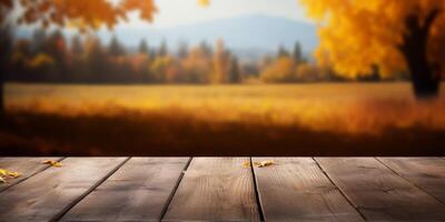 AI generated empty wooden table on autumn background Generative AI photo