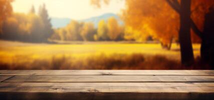 AI generated empty wooden table on autumn background Generative AI photo