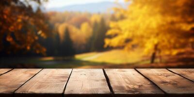 AI generated empty wooden table on autumn background Generative AI photo