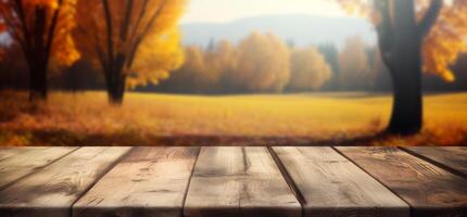 AI generated empty wooden table on autumn background Generative AI photo