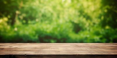 AI generated empty wooden table on spring background Generative AI photo