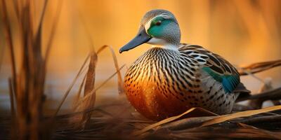 AI generated Eurasian teal duck on the lake Generative AI photo