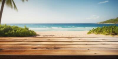 AI generated empty wooden background against the backdrop of the sea with palm trees Generative AI photo