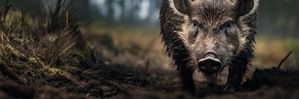 AI generated Generwild boar in the forest close-up ative AI photo
