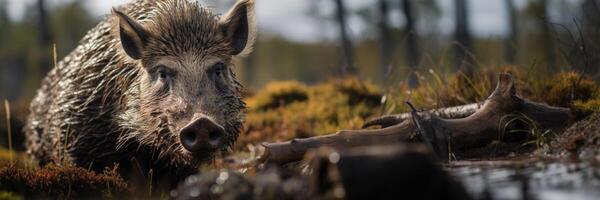 AI generated Generwild boar in the forest close-up ative AI photo