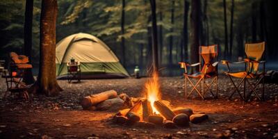 AI generated camp in the forest, a tent, a built fire and a chair around it Generative AI photo