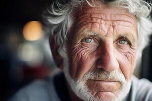 AI generated portrait of an old man in a cafe close-up Generative AI photo