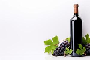 ai generado botella de vino con racimos de uvas en un blanco antecedentes generativo ai foto
