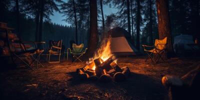 AI generated camp in the forest, a tent, a built fire and a chair around it Generative AI photo