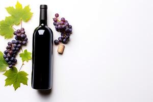 AI generated bottle of wine with bunches of grapes on a white background Generative AI photo