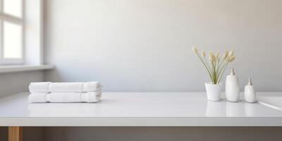 AI generated white table in a clean bathroom Generative AI photo