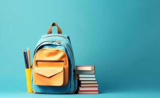 AI generated backpack with school supplies on blue background Generative AI photo