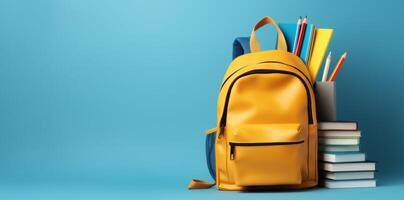 AI generated backpack with school supplies on blue background Generative AI photo