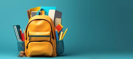 AI generated backpack with school supplies on blue background Generative AI photo