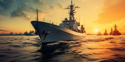 AI generated warship at sunset in the ocean Generative AI photo