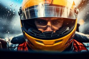 AI generated fast car driver in helmet close-up Generative AI photo