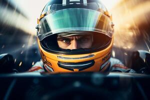 AI generated fast car driver in helmet close-up Generative AI photo