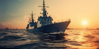 AI generated warship at sunset in the ocean Generative AI photo