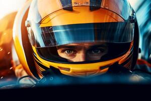 AI generated fast car driver in helmet close-up Generative AI photo