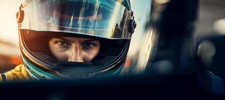 AI generated fast car driver in helmet close-up Generative AI photo