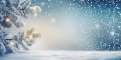 AI generated New Year Christmas background with white fir tree and snowflakes Generative AI photo