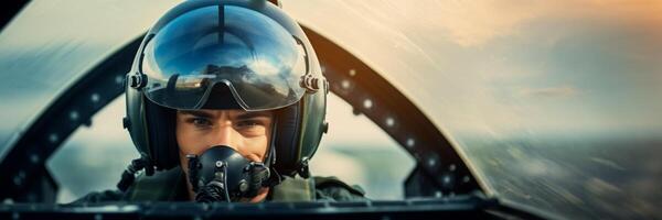 ai generado militar aeronave piloto de cerca con casco generativo ai foto