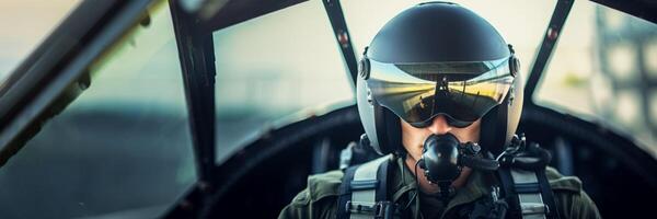 ai generado militar aeronave piloto de cerca con casco generativo ai foto