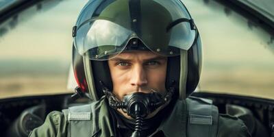 AI generated Military aircraft pilot close-up with helmet Generative AI photo