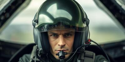 AI generated Military aircraft pilot close-up with helmet Generative AI photo