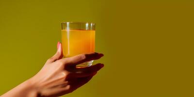 ai generado natural Fruta jugo en un vaso en un mujer mano generativo ai foto