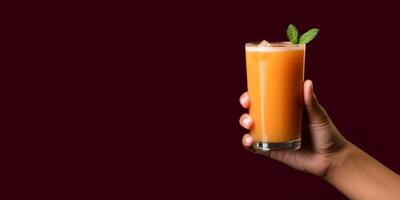 AI generated natural fruit juice in a glass in a woman's hand Generative AI photo