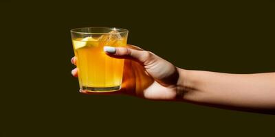 AI generated natural fruit juice in a glass in a woman's hand Generative AI photo
