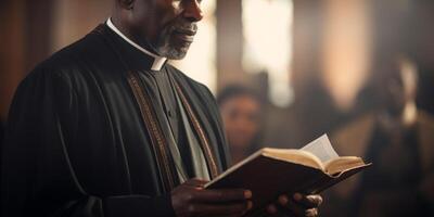 AI generated pastor holding a Bible in his hands at a sermon Generative AI photo