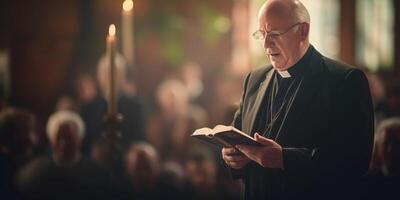 AI generated pastor holding a Bible in his hands at a sermon Generative AI photo