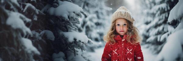 ai generado niño en un Navidad de punto suéter en el Nevado fuera de generativo ai foto